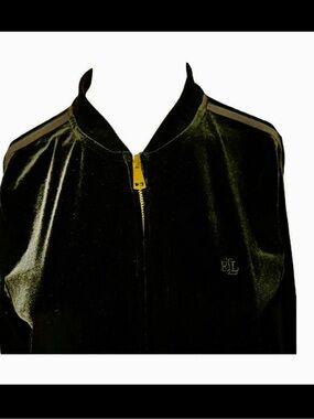 Ralph Lauren Gold Zip Front Jacket Black Velour Gold Zip Pockets Womens M